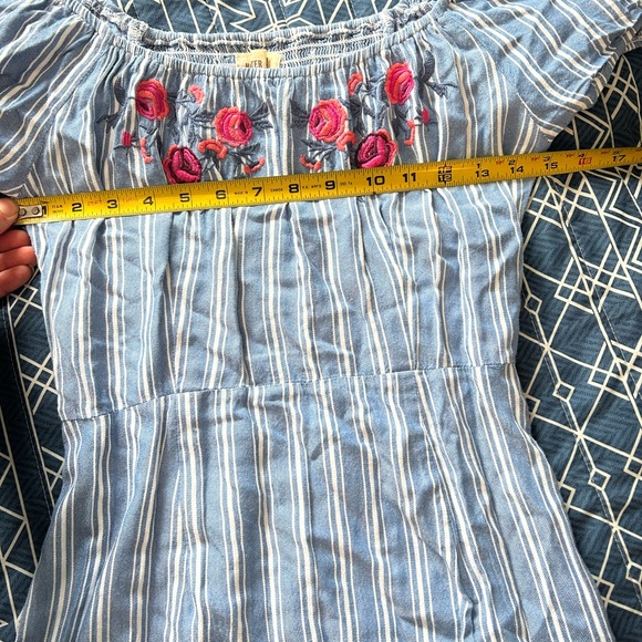 Hollister Blue and White Striped Off-Shoulder Dress with Floral Embroidery - Picture 4 of 7